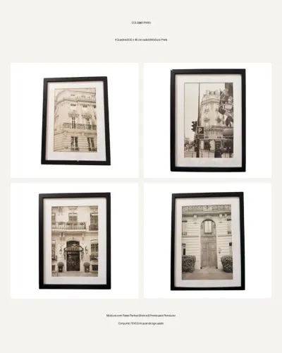 Kit 4 Quadros Paris 35x46cm Moldura Preta - Coleção Clássica 