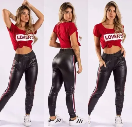 Calça cirrê jogger com bolsos e listras lateral feminina