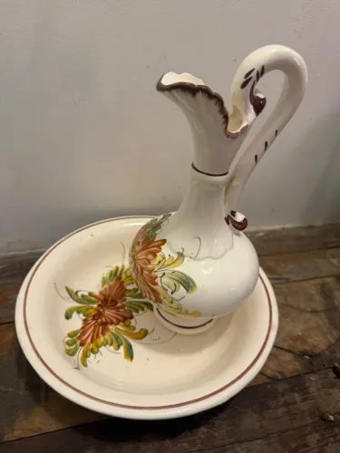 Jarro e bacia em cerâmica pintado á mão - Vintage