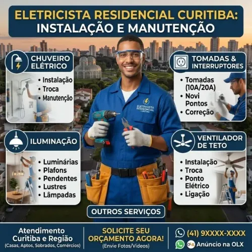 ELETRICISTA EM CURITIBA INSTALAÇÃO DE CHUVEIRO TOMADAS ILUMINAÇÃO E VENTILADOR