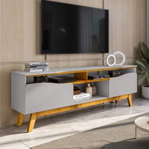 RACK PARA TV ATÉ 75 2 PORTAS COM PÉS DE MADEIRA MACIÇA