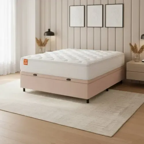 Colchão Casal Molas Ensacadas + Cama Box Baú Rosado