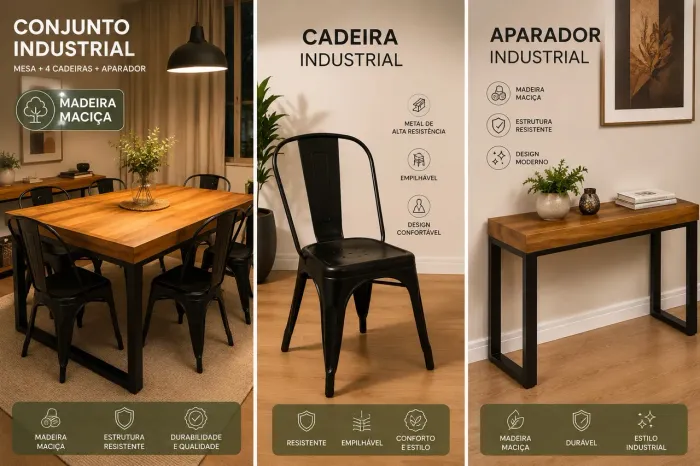 Mesa com cadeiras e aparador estilo industrial
