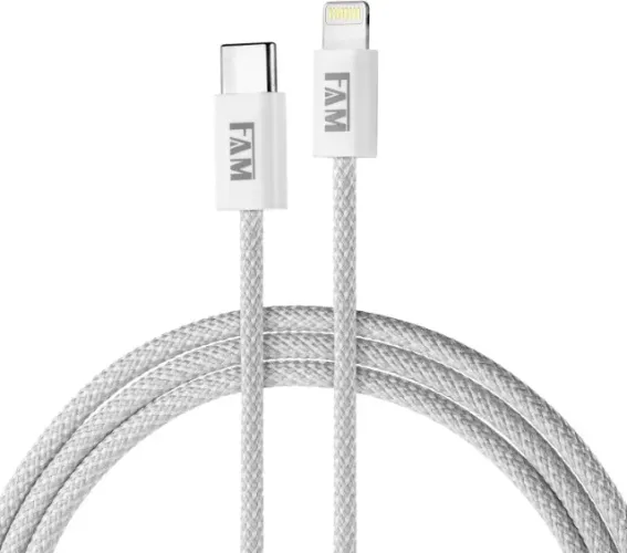 Cabo iPhone Lightning FAM 5C16 Rápido 1.2m Tecido Trançado Branco Super Durável Reforçado