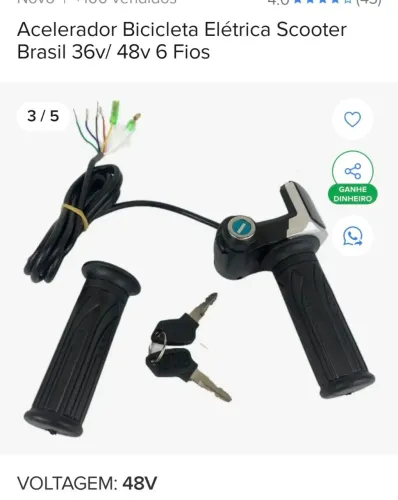 Acelerador para bicicleta elétrica Scooter Brasil 6 fios<br>Marca Coral Parts
