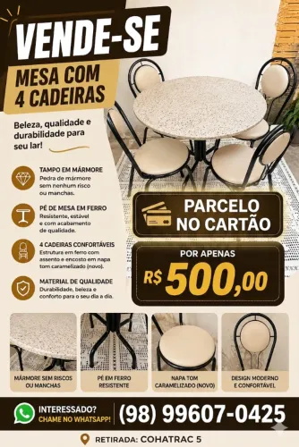 Mesa de Pedra de Mármore 1m (Pedra Impecável) + 4 Cadeiras de Ferro - Conservadíssima!