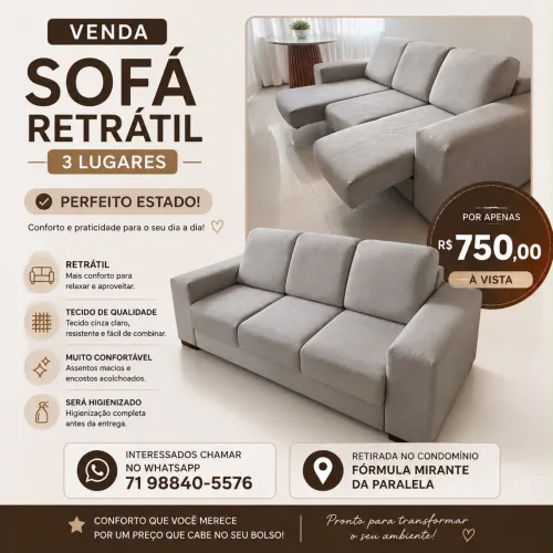 Sofá Retrátil 3 Lugares - Excelente Estado - R$ 750