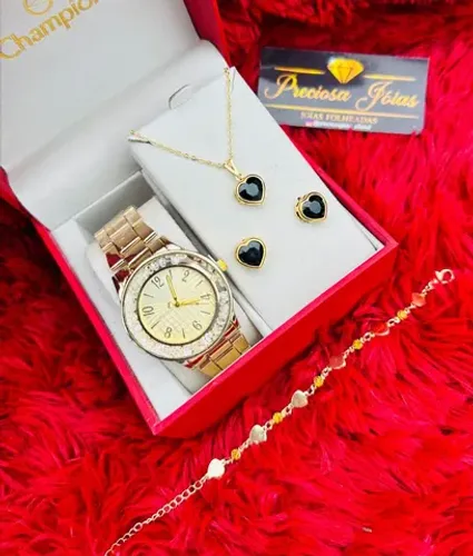 Kit relógio feminino com conjunto folheado a ouro 18k ?