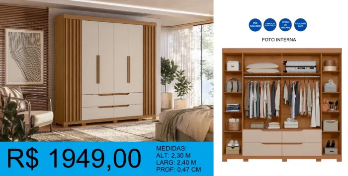 Guarda-Roupa 6 Portas 2,40m Amadeirado