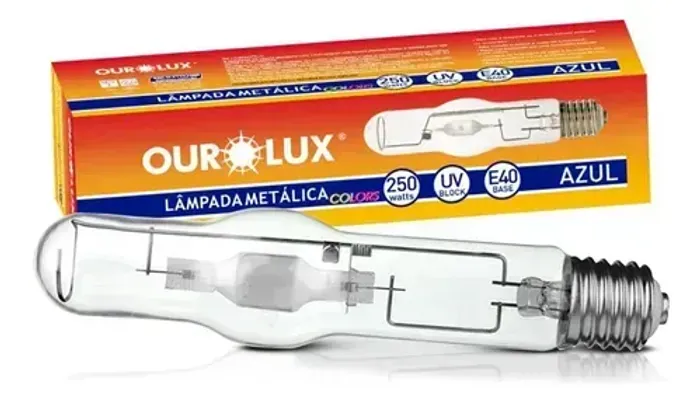 LAMPADA VAPOR METALICO 250W E-40 TUBULAR AZUL OUROLUX