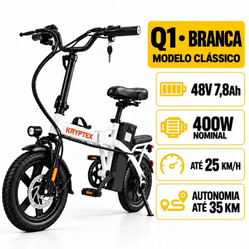 Bicicleta Elétrica KRYPTEX Q1 Branca 400W | Nova com Nota Fiscal