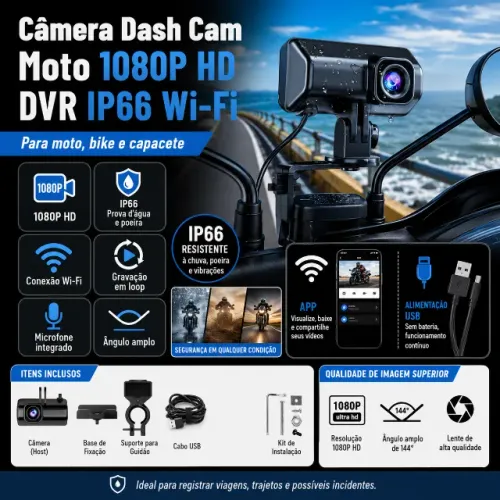 Câmera DashCam Moto 1080P HD DVR IP66 Wi-Fi Capacete Bike Prova D?Água #camera #moto #web