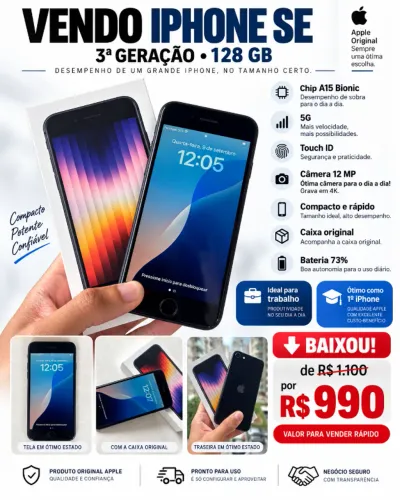 iPhone SE 3ª Geração 128GB Preto com Caixa Original