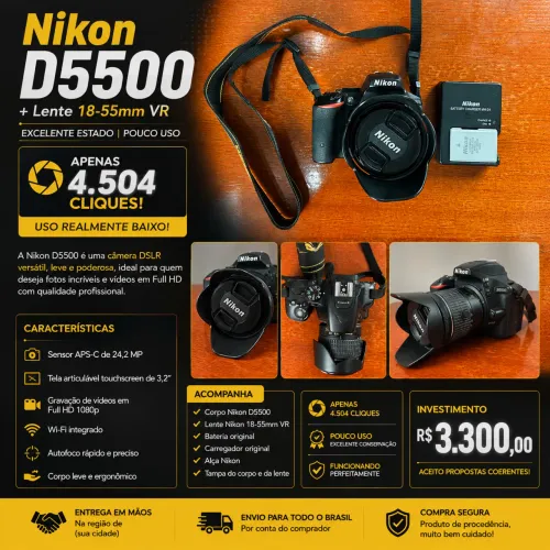 Nikon D5500 + Lente 18-55mm VR | Apenas 4.504 Cliques | Excelente Estado