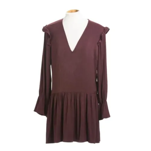 Vestido Curto Zara Marrom Roxo Decote V e Babados Manga Longa + Frete Grátis