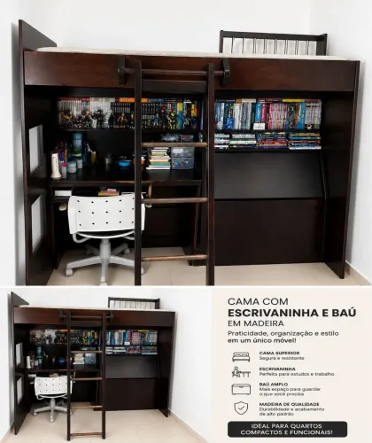 Cama solteiro com escrivaninha e baú
