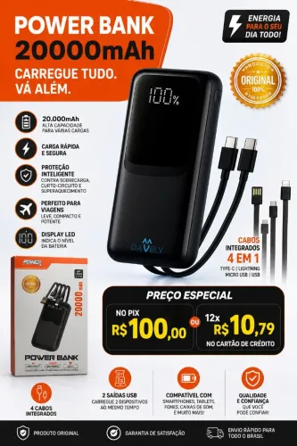 Power Bank 20.000mAh 22.5W Carga Rápida Com Display Digital Carregador Portátil Premium.