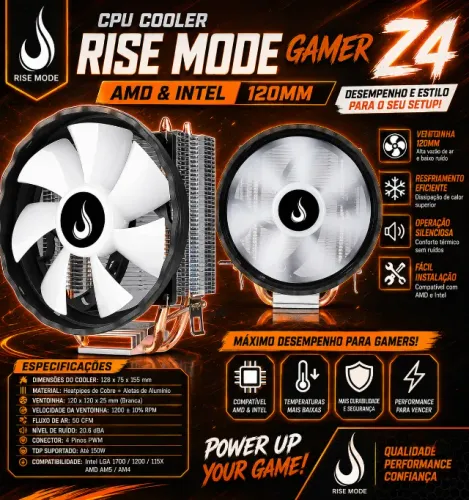 CPU Cooler Rise Mode Gamer Z4 AMD & Intel 120mm Ventoinha Branca (NOVO/LACRADO!)