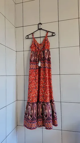 Vestido Longo Estilo Farm Etiqueta NovoBoho Chic Laranja Estampado Multicorido Alças Lindo