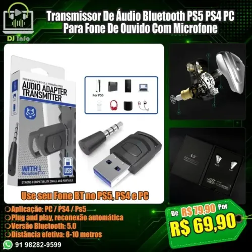 Transmissor De Áudio Bluetooth PS5 PS4 PC Para Fone De Ouvido Com Microfone
