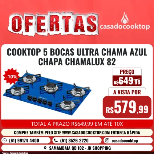 COOKTOP CHAMALUX 5 BOCAS ULTRA CHAMA AZUL CHAPA 82