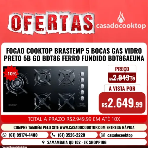 Fogao cooktop brastemp 5 bocas gas vidro preto 5b go bdt86 ferro fundido