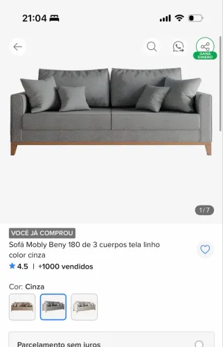 Sofá 3 lugares 1,80m