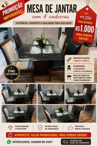 Mesa de Jantar 1,60 m com Tampo de Vidro + 4 Cadeiras ? Linda e Sofisticada