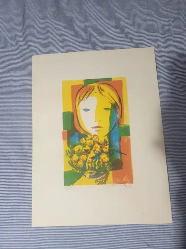 Gravura serigrafia Menina com Flores 1976 Inos Corradin original assinada numerada