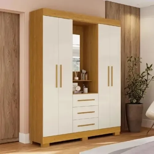 Guarda Roupa 4 Portas e 3 Gavetas Emily Gold Capelinha com Espelho - Praia Moveis
