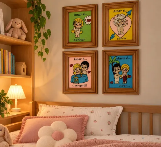 Conjunto com 4 Quadros Artesanais em Tapeçaria - Moldura de Madeira