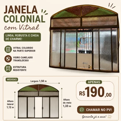 Janela Colonial com Vitral e Vidro Canelado