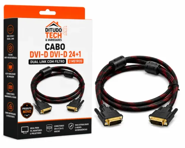Cabo DVI-D DVI-D 24+1 Dual Link com Filtro - 2 Metros - Novo - Ditudo Tech e Variedades