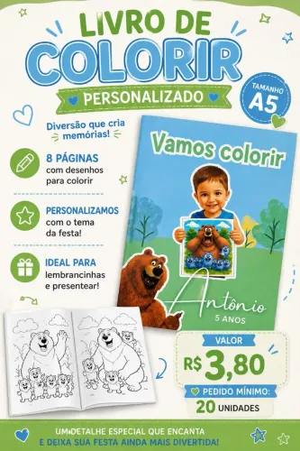 Livro de colorir tamanho A5 (grande) personalizado para festa