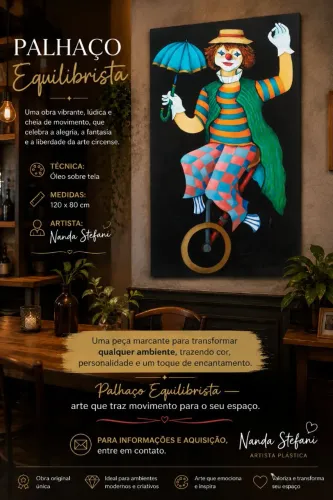 Pintura óleo sobre tela/ Palhaço equilibrista/ Quadro