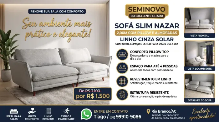 Sofá Slim Nazar 2,52m para 4 pessoas - Cor Linho Cinza Solar
