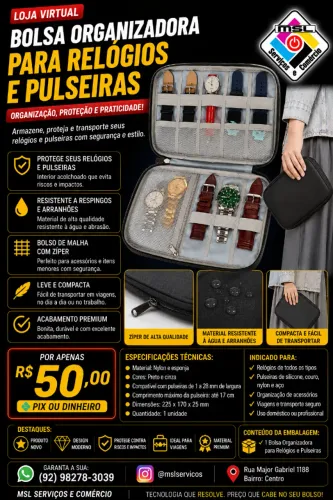 Bolsa Organizadora para Pulseiras e Relógios - Estojo Protetor para Armazenamento