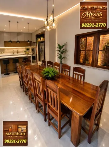 Mesa de Madeira Tampo Liso Com 12 Cadeiras 