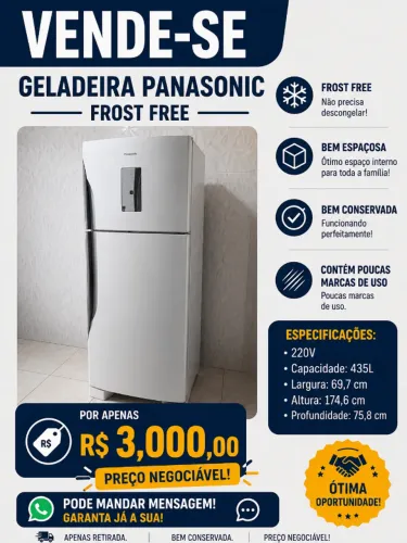 Vende-se Geladeira Panasonic Frost Free, 2 Portas, 220V.