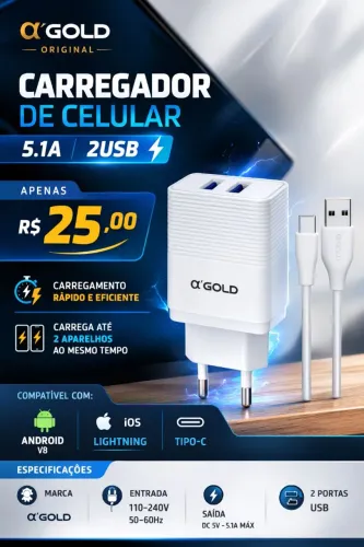 CARREGADOR DE CELULAR a'GOLD ORIGINAL 5.1A 2USB