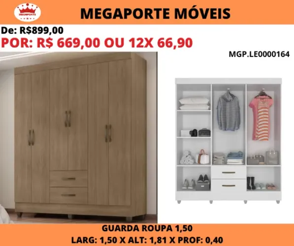 GUARDA ROUPA 6 PORTAS 2 GAVETAS