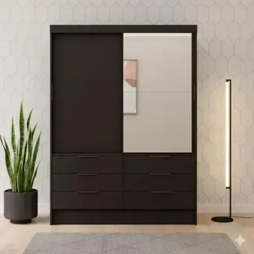 Guarda roupa solteiro Luana preto com espelho (portas de correr)