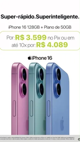 iPhone 16 128GB Novo + Plano 50GB | R$ 3.599 no Pix