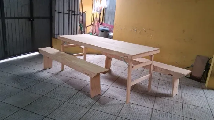 Mesa madeira maciça 2 metros com 2 bancos