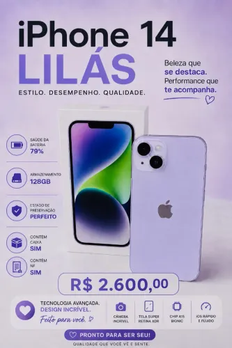 iPhone 14 128GB Cor Lilás - Excelente Estado / Com NF