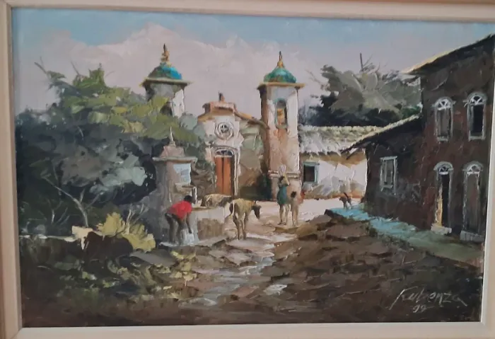 Oleo sobre tela, espatulado, artista assina como Rubenza. Moldura dourada linda adornada .