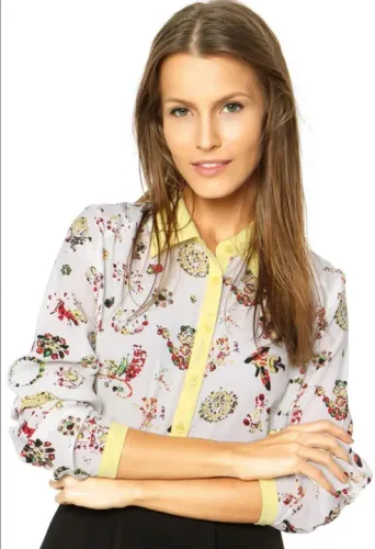 Camisa Estampada Manga Longa detalhes Amarelo