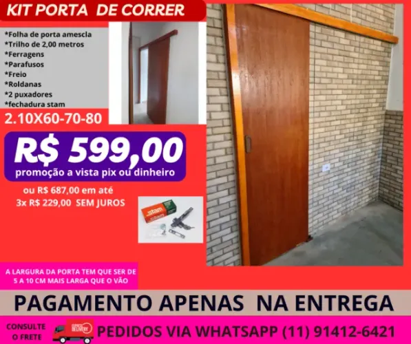 kit porta de correr 2.10x80 completa - pagamento na entrega - frete a/c