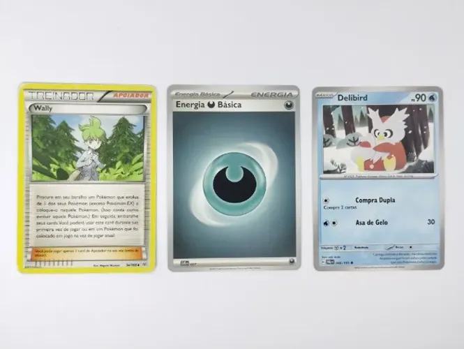 Kit 3 cartas pokemon: wally energia delibird