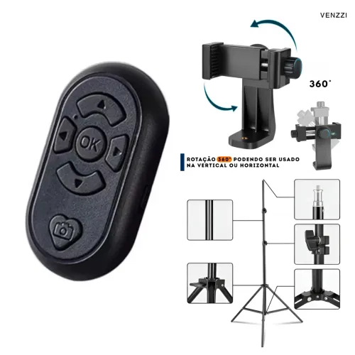Tripé + suporte celular + controle Bluetooth